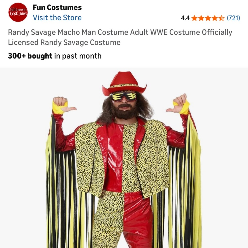 Macho Man Costume, Beard, Glasses and Yellow Boots
